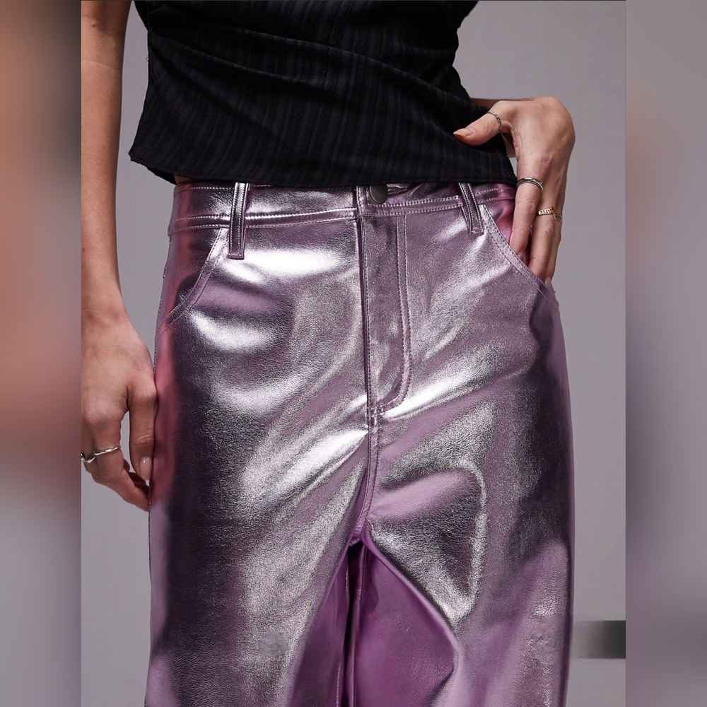 Topshop straight leg faux leather pants in metallic pink Sz 8 NWOT - Picture 4 of 12